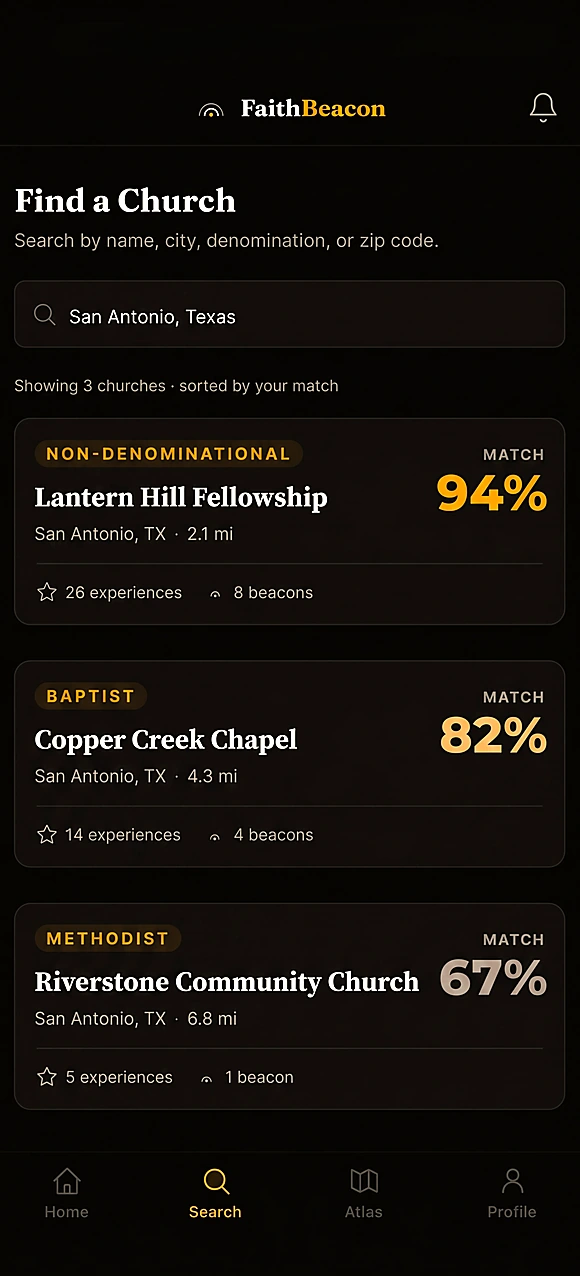 FaithBeacon church search showing churches matched by fit